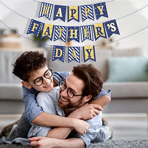 Image of Happy Father's Day Gold Banner Bunting Banner for Dad Father's Party Decorations Backdrop Garland for Father's Day (blue gold)