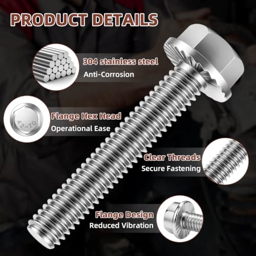 Image of Mellewell 1 /4-20 x 1-1 /2 inch Flanged Hex Head Bolts Flange Hexagon Screws, Stainless Steel A2, DIN 6921, 50 PCS
