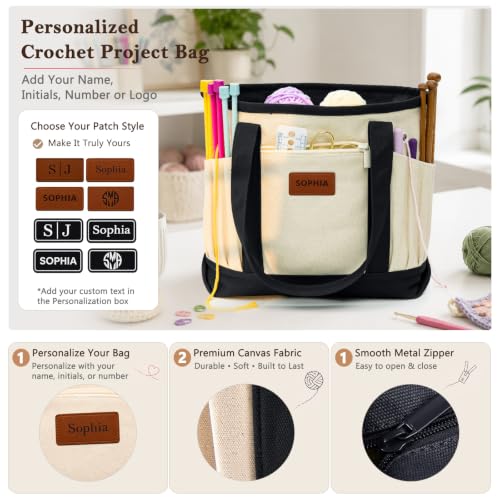 Image of Personalized Crochet Bag with Custom Leather Patch or Embroidered Name, Canvas Knitting Tote for Yarn Storage, Crochet Organizer with Multiple Pockets, Custom Gift for Crocheters & Knitters