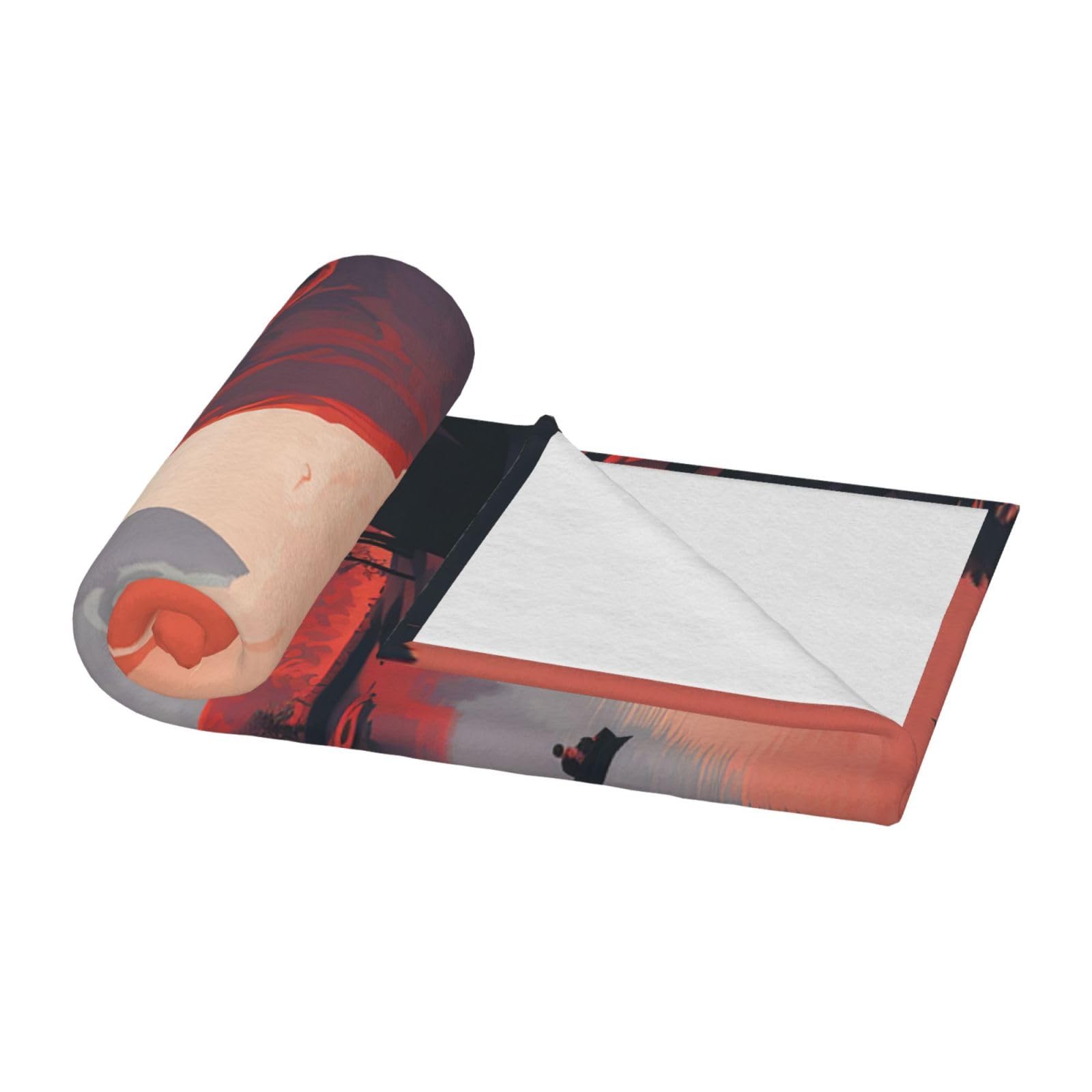 Couverture en flanelle imprimée pour canapé – Couverture en flanelle douce, confortable et légère en microfibre pour toutes les saisons – Rouge montagne et bateau
