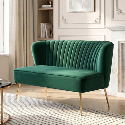 HULALA HOME Velvet 2 Seater Sofa Upholstered Loveseat Couch with Metal Legs Armless Backrest for Living Room Bedroom Lounge, Green