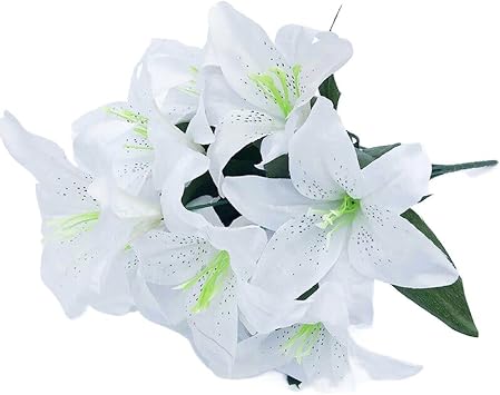 HomeSoGood 2 Bouquets 10 Heads Silk Lilies Artificial Flowers Fake Bouquet Bunch Wedding Home Party Decoration17.7inch,White