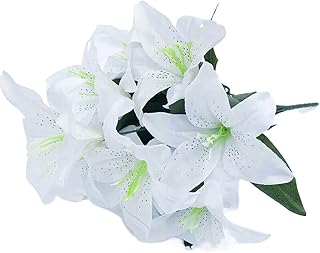 HomeSoGood 2 Bouquets 10 Heads Silk Lilies Artificial Flowers Fake Bouquet Bunch Wedding Home Party Decoration(17.7inch,White)