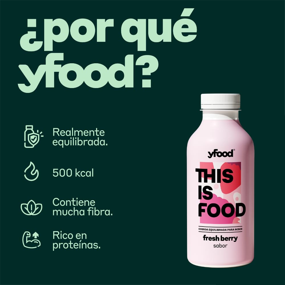 yfood Fresh Berry - Batido Sustitutivo de Comida, Bebida Proteica Lista para Beber, 30 g de Proteína, 26 Vitaminas y Minerales, Sin Lactosa y Sin Gluten, 500ml