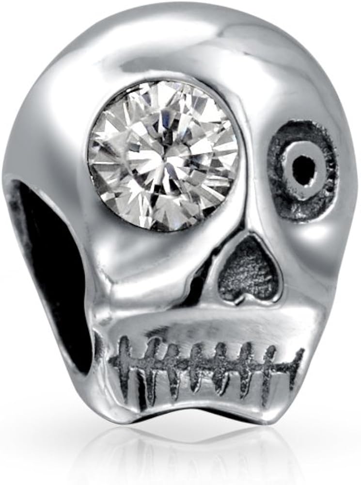 Bling Jewelry Halloween Skeleton Skull Diameter De Los Muertos White CZ Eye Charm Bead For Women .925 Sterling Silver Fits European Bracelet