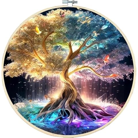 Stamped Cross Stitch Kits with Frame - Life Tree Embroidery Kits for Beginners Adults,11 CT Patterns Dimensions Counted Cross Stitch Kits Arts Craft Kits 7.8 x 7.8in Cover