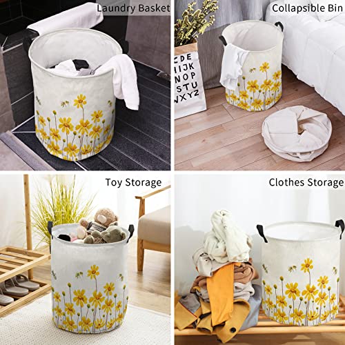 Laundry Hamper,Foldable Laundry Basket Spring Yellow Daisy Flowers Bee Retro Canvas Fabric Storage Organizer With Handles For Dirty Clothes,Home Storage #TOP3