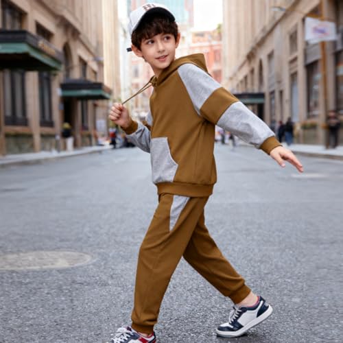 Image of 5-11Y Boys Clothes Long Sleeve Hooded Pullover Colorblock Sweatshirt + Pants 2pcs Fall Winter Outfit Set