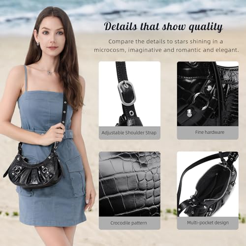 Slouchy Crossbody Bag for Women, Trendy Hobo Shoulder Purse with Adjustable Shoulder Strap, Punk Studded Underarm Bag, Y2k Purse (BLACK)3