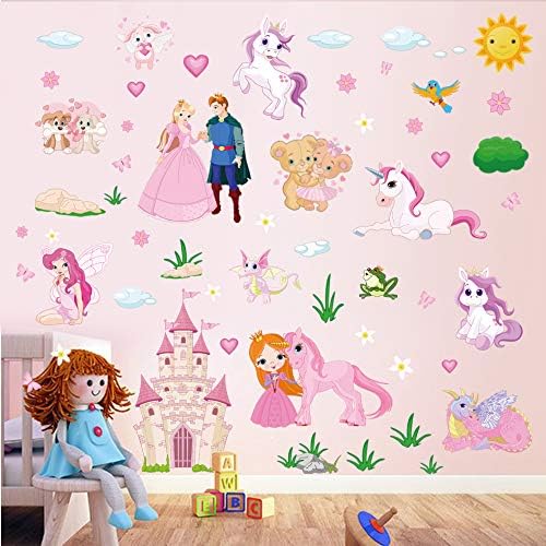 decalmile Princess Unicorn Wall Stickers Fairy Castle Wall Decals Baby Nursery Girls Bedroom Wall Decor