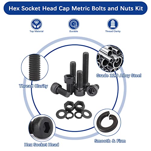 Jrouth 2000Pcs Metric Hex Socket Head Cap Bolts M2 M3 M4 M5,12.9 Alloy Steel Screws Nuts And Washers Kit, Hex Socket Head Cap Machine Screws With 4 Wrenches And Tweezers, Black Zinc Plated #TOP4