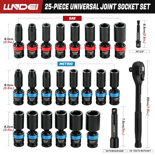 Image of LLNDEI 25Pcs 3 /8 inch Drive Swivel Impact Deep Socket Set CR-MO