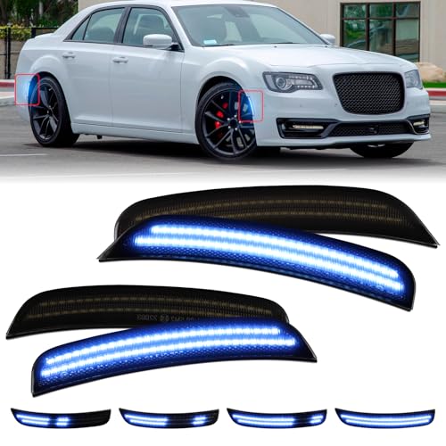 FetonAuto Dynamic Blue LED Side Marker Lights For Chrysler 300 2015 2016 2017 2018 2019 2020 2021 2022 2023, Smoked Lens Sequential Front Rear Bumper Fender Sidemarker Lamp Accessories