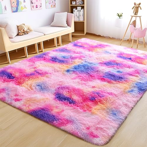 Fluffy Rug Flame Resistant 3x5 Feet, Deep Rainbow Tie-dye Bedside Rugs, Ultra Soft Plush Fuzzy Rugs for Bedroom