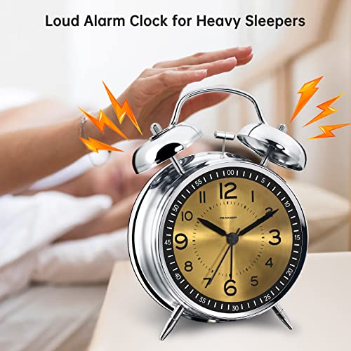 Image of Peakeep Loud Alarm Clock for Heavy Sleepers Adults, Metal 4.5 Inches | Twin Bell Battery Operated Analog Alarm Clocks for Bedrooms Kids' Room Decoration (Golden)