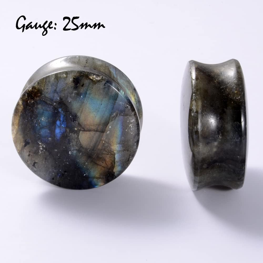 Pair Labradorite Stone Ear Flesh Tunnel Plugs Double Flared Plug Glow Stone Ear Gauges Expander