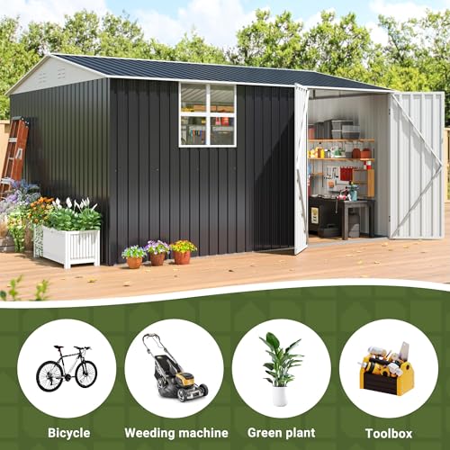 Image of Polar Aurora 10X12 FT Metal Outdoor Storage Shed with Window, Heavy-Duty Galvanized Steel Garden Shed with Lockable Doors and 4 Vents, Large Weatherproof Tool Shed for Backyard Patio Outside, Black
