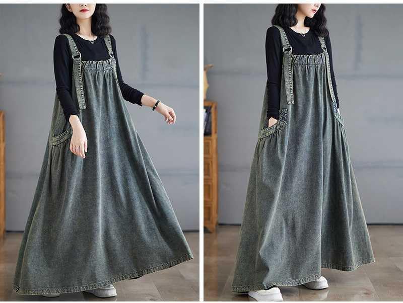 Boho Jumper Dress for Women Loose Overall Pinafore Dresses Adjustable Straps Wide Hemline with Pockets Baggy Style - Image 4