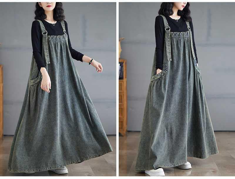 Image of Boho Jumper Dress for Women Loose Overall Pinafore Dresses Adjustable Straps Wide Hemline with Pockets Baggy Style