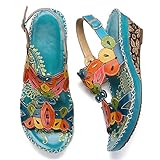 hand painted color CrazycatZ Damen Leder Sandalen,Handgefertigt Bunte Vintage Gemütliche Wedges Knöchelriemchen Bunte Schuhe (L16, Numeric_40)