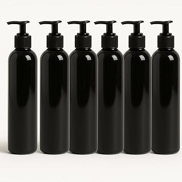 Royal Massage 8 oz Bullet Pump Bottle Refillable Massage Oil, Lotion, Soap, Shampoo Dispenser BPA-Free PET with Black Locking Pump UV-Resistant for Essential Oils Black, 6