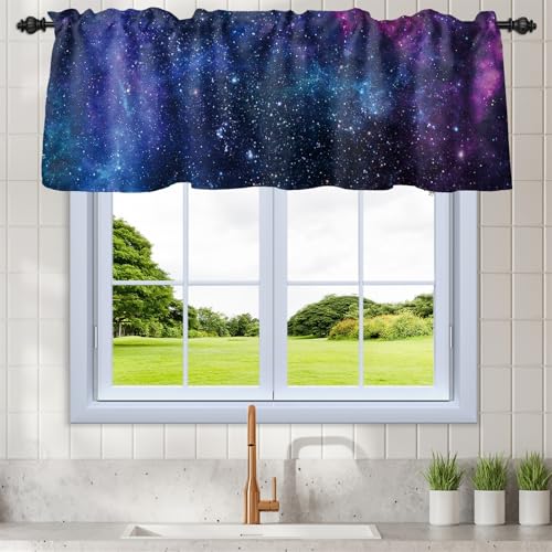Renaiss 42 x 18 Inch Galaxy Kitchen Curtains Valance Blue Universe Home Window Decor Rod Pocket Amazing Nebula Window Treatment Starry Outer Space Kids Boys Bedroom Dining Room Window Drapes Linen