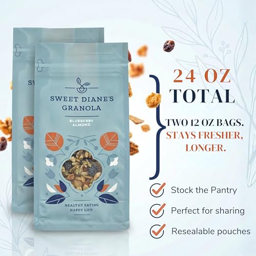 Image of Sweet Diane's Organic Granola - Blueberry Almond | 2-Pack (12 oz Each) | Vegan, Gluten-Free, High Fiber, Low Sugar | Organic Oats, Almonds, Seeds & Dried Blueberries