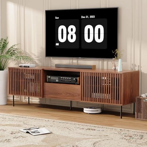 HOMMPA 70 Inch TV Stand for TVs Up to 80'', Mid Century Modern TV Stand with Slatted Doors, Media Console Under TV Storage Cabinet, Entertainment Center TV Shelf, TV Consoles for Living Room, Walnut