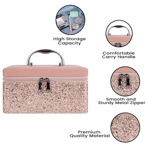 Image of FADAK Leather Cosmetic Makeup for Beauty Case Wedding Makeup Box Travel Large Vanity Mirror Storage Jewelry Bridal Box 22.50x 18.75x11.75 cm (Pink) Medium