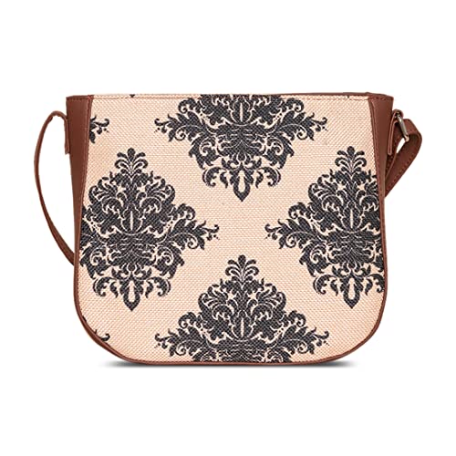 Image of ZOUK Women's Handcrafted Cream Mughal Motif Printed U Shaped Sling Bag