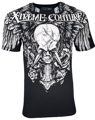 Xtreme Couture by Affliction Men's T-Shirt, Gothic Skull and Cross Design, Black, Black, Large