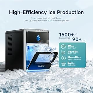 EUHOMY LunaArc Crescent Ice Maker Countertop, 16Pcs Ready in 12Mins, 1600Pcs/Day, Auto Deep Cleaning, Timer, Adjustable Ice Thickness, Portable Ice Cube Maker for Whiskey/Coffee/Soft Drinks
