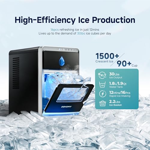 Image of EUHOMY LunaArc Crescent Ice Maker Countertop, 16Pcs Ready in 12Mins, 1600Pcs /Day, Auto Deep Cleaning, Timer, Adjustable Ice Thickness, Portable Ice Cube Maker for Whiskey /Coffee /Soft Drinks