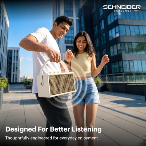 Image of Schneider ENERZA HP60 Wireless Portable Home Audio Speaker | 60W Triple-Driver 360 Sound | Wooden Acoustic Enclosure with Bluetooth 5.4 IPX4 Splashproof | Vintage Classic Design - Ivory