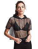 MakeMeChic Women's Fishnet Hooded See Through Sheer Pure Mesh Crop Top Black S