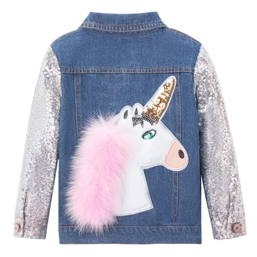 WELAKEN Unicorn Jean Jacket for Girls Kids & Toddler with Sparkly Sleeve, Girls' Spring Outfit Denim Jackets Outerwear