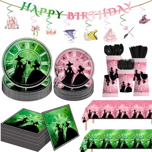 151Pcs Pink and Green Witch Birthday Decorations, Include Plates Napkins Cups Banner Knives Forks Spoons, Serve 20