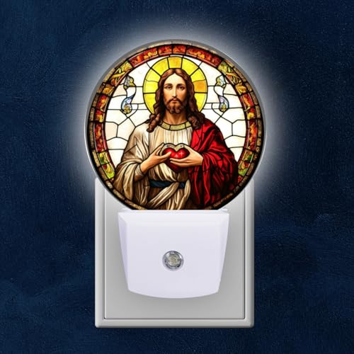 Image of Round LED Night Lights Lamp with Dusk to Dawn Sensor, Jesus Christ with Sacred Heart in Hands Night Light Plug Into Wall for Kids Room, Bedroom, Bathroom, Kitchen, Hallway