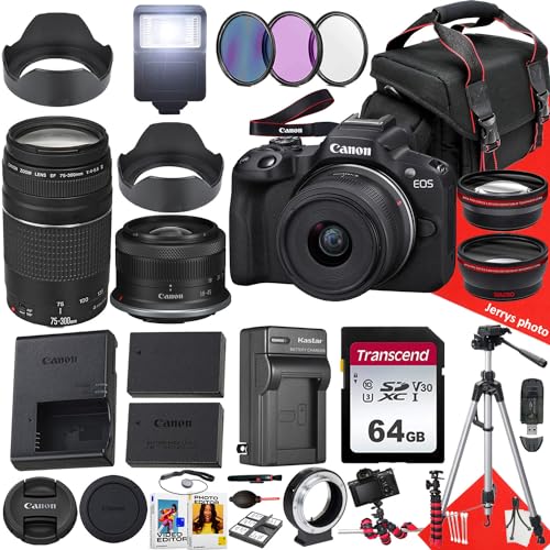 Canon EOS R50 Mirrorless Camera with RF-S 18-45mm f/4.5-6.3 is STM and EF 75-300mm f/4-5.6 III Lens + 64 GB Memory + Extra Battery + Battery Charger + Filters + Tripod + More (31pc Bundle) (Renewed)
