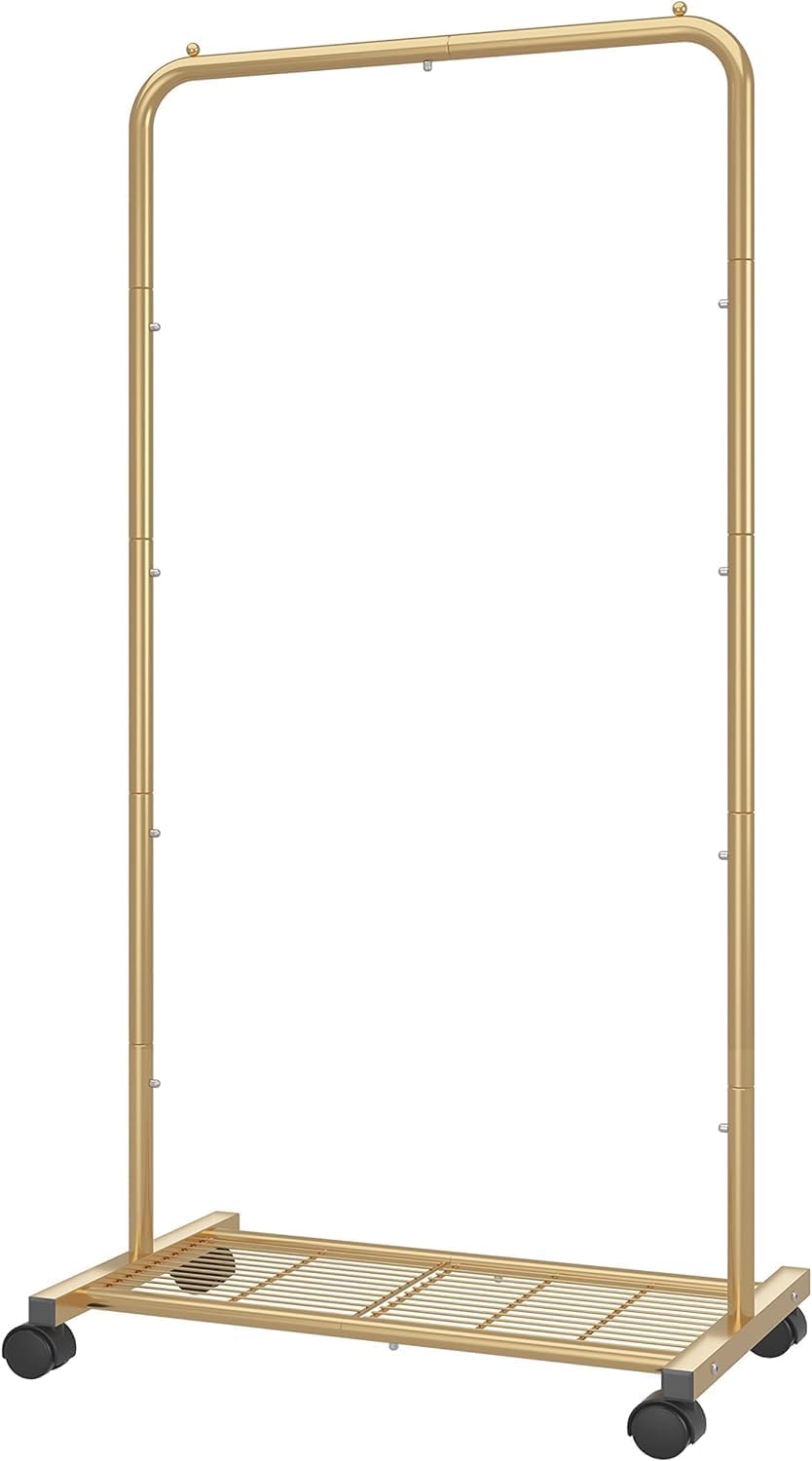 Simple Trending Standard Clothes Garment Rack, Clothing Rolling Rack with Mesh Storage Shelf on Wheels, Golden Yellow