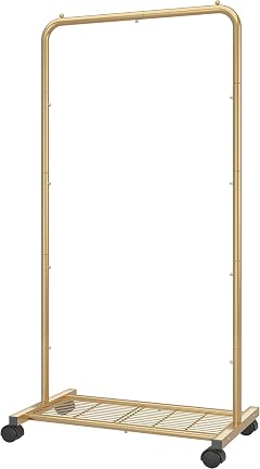 Simple Trending Standard Clothes Garment Rack Clothing Rolling Rack with Mesh Storage Shelf on Wheels Golden Yellow