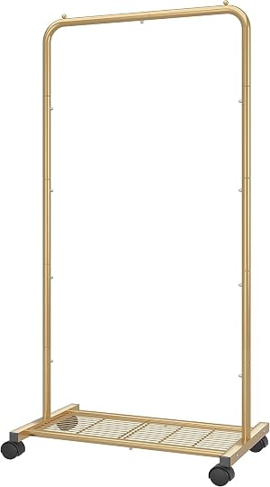 Simple Trending Standard Clothes Garment Rack Clothing Rolling Rack with Mesh Storage Shelf on Wheels Golden Yellow