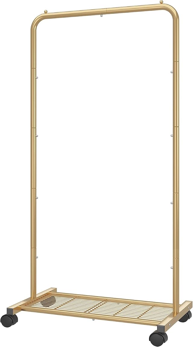 Simple Trending Standard Clothes Garment Rack Clothing Rolling Rack with Mesh Storage Shelf on Wheels Golden Yellow