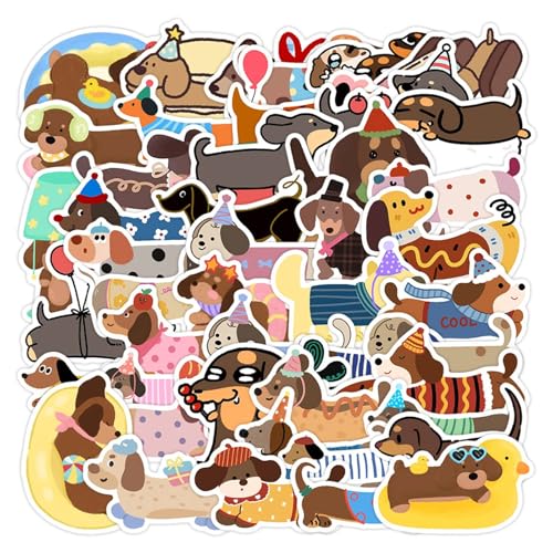 Funalix 50 Stück Niedliche Dackel Aufkleber, PVC Wasserdichte Wurst Hund Sticker Set für Handyhülle & Dekoration, Dackel Geschenke für Hundeliebhaber (Hund, Auto, Laptop, Skateboard)
