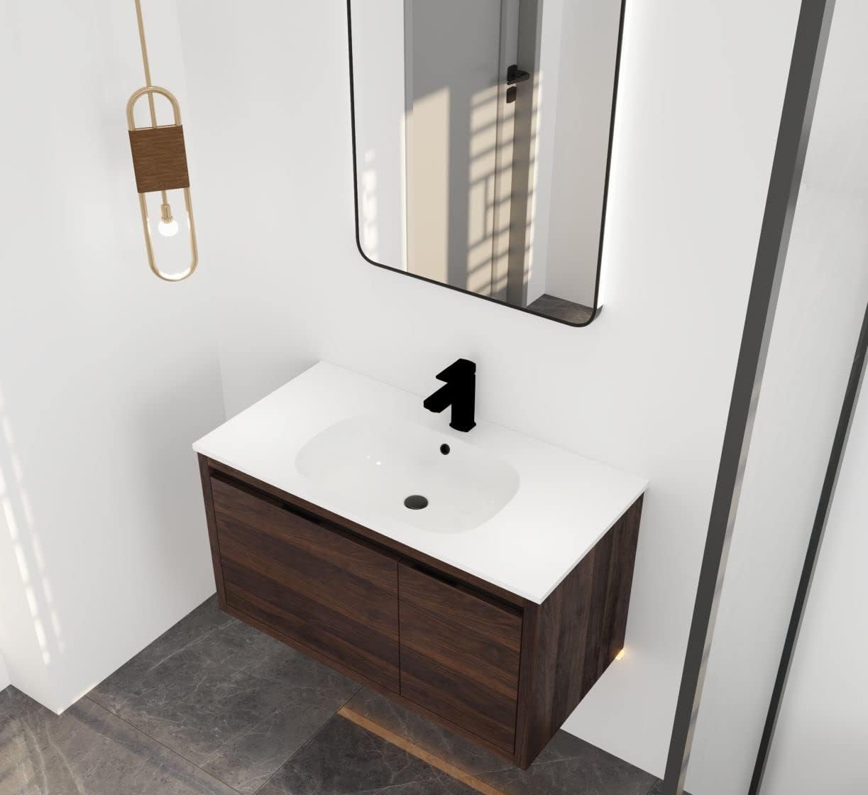 LKTART 36 inches Wall Mounted Bathroom Vanity Table Top Gel Sink Storage Brown
