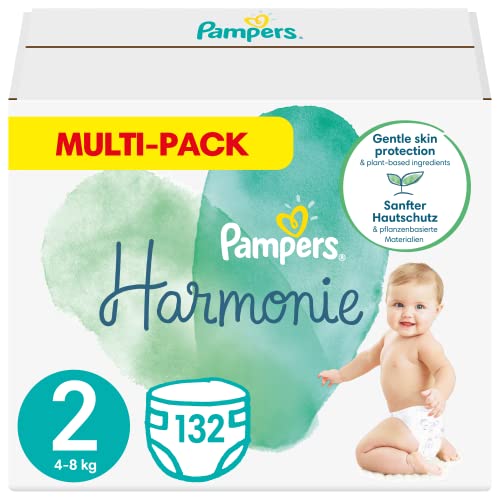 Pampers Couches Taille 2 (4-8 kg), Harmonie, 132 Couches Bébé, Multi Pack, 0% de compromis, 100% d'absorption, Ingrédients d'origine végétale, Hypoallergéniques