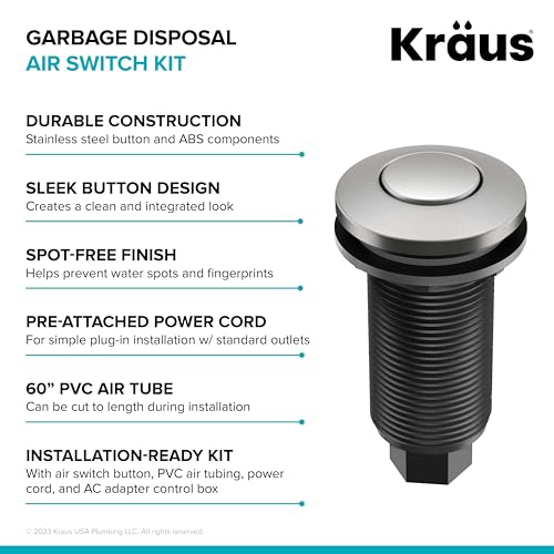 Image of KRAUS Garbage Disposal Air Switch Kit in Spot-Free Stainless Steel with Push Button, AC Adapter, Power Cord, and Air Tube Included, KWDA-100SFS (Pack of 6)