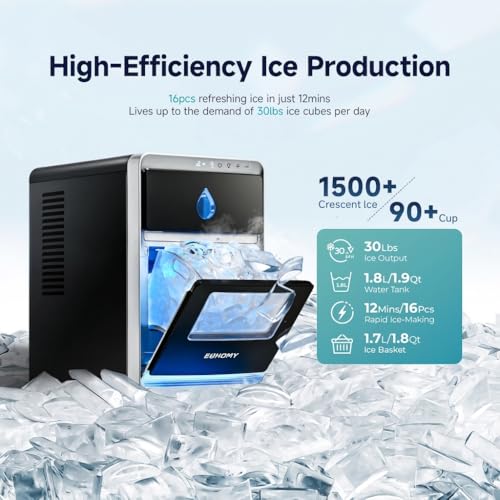 EUHOMY LunaArc Crescent Ice Makers Countertop, 1600Pcs/Day, Ready in 12Mins, Auto Deep Cleaning, Timer, Portable Crescent Ice Maker Countertop with Clear Ice Cubes for Whiskey/Coffee/Soft Drinks