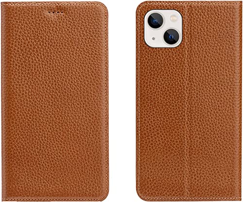 Étui à rabat magnétique de luxe en cuir véritable marron pour iPhone 13 Mini