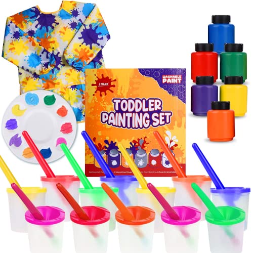 J Mark Toddler Painting Set With No Spill Paint Cups– 32 Piece Washable Paint For Kids With Water Based Tempera Toddler Paint, Brushes, Art Smock, Mixing Palette, Kids Paint Supplies #TOP11